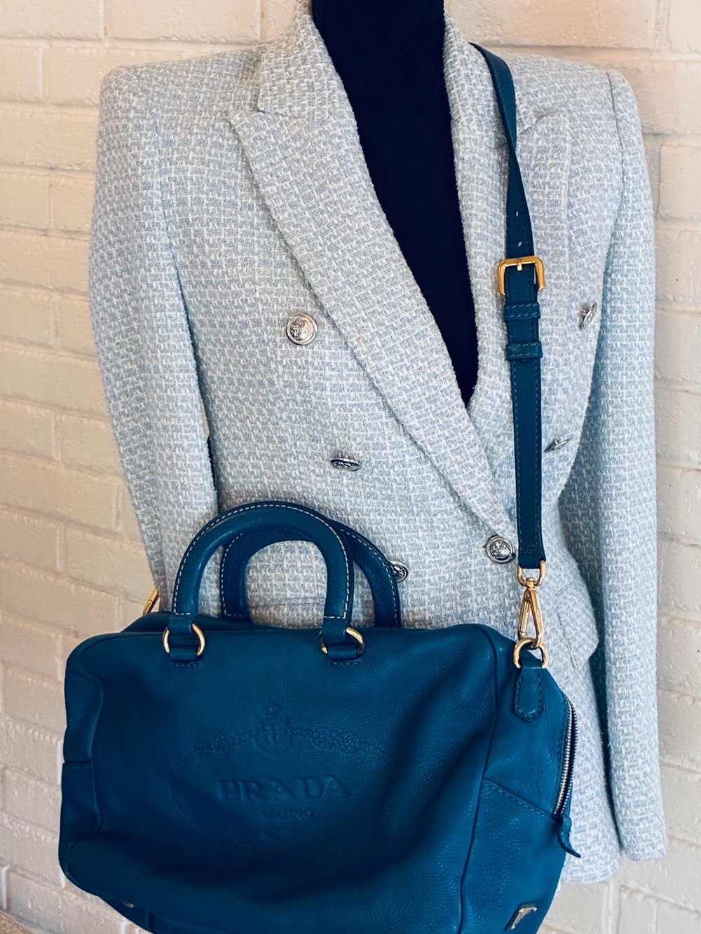 💙 ZARA Double-Breasted Tweed Blazer Jacket - Light Blue EUC XS - Picture 11 of 11